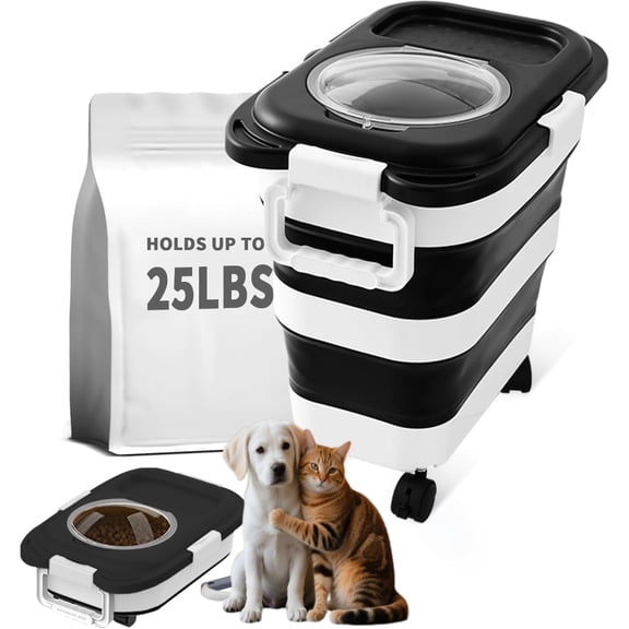 Dog Food Storage Container，20-25 lbs Airtight Collapsible Cat Food Storage Container with Attachable Wheels, Portable Handle, Dog Food Scoop for Dog Cat Bird Pet Dry Food Storage Bin