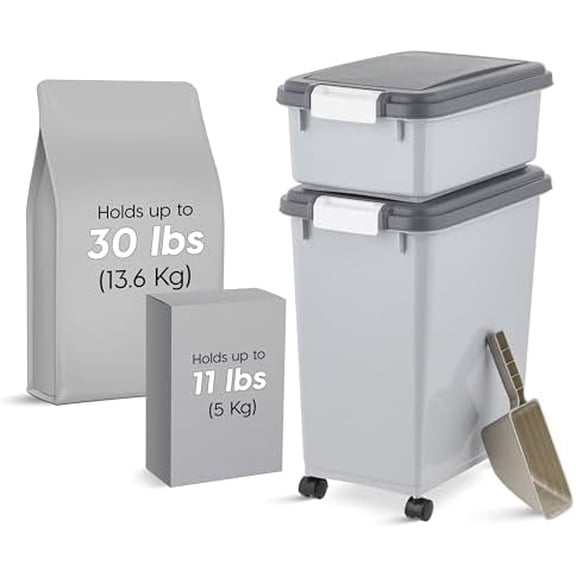 Dog Food Storage Container, 30 lbs & 11 lbs Combo, Cat Food Storage Container, Dog Treat Container, Airtight, Stackable, 2-Cup Scoop, Wheels, Easy Mobility, Gray