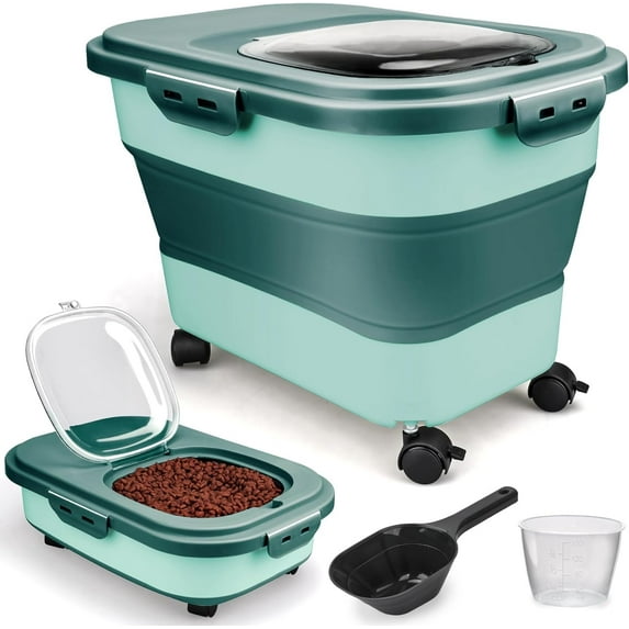 Dog Food Storage Container, 5-20Lbs Collapsible Pet Food Storage Containers With Rolling Wheel Airtight Locking Lid, Dry Food Storage Bin With Cup, Suitable For Pet Food, Rice, Flour
