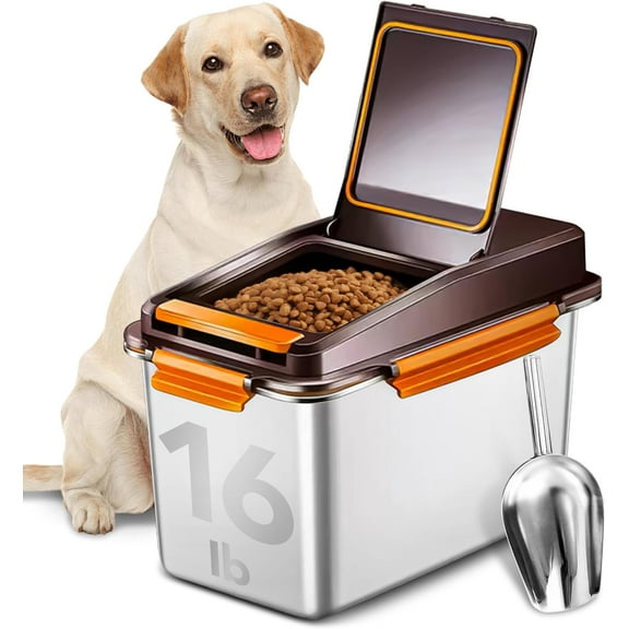 Dog Food Storage Container Stainless Steel with Scoop, 16 LB /11 LB Airtight Pet Metal Food Storage Bin, Cat Food Container for Dry Dog, Cat Food, Bird Seed, Keep Food Fresh, Brown