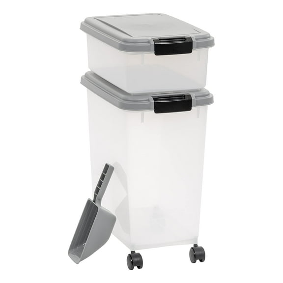 Beiled Dog Food Storage Container with Wheels, 30L & 10L Combo, Airtight and Stackable Pet Food Bin for Dog Cat Treats, Includes Scoop, Grey