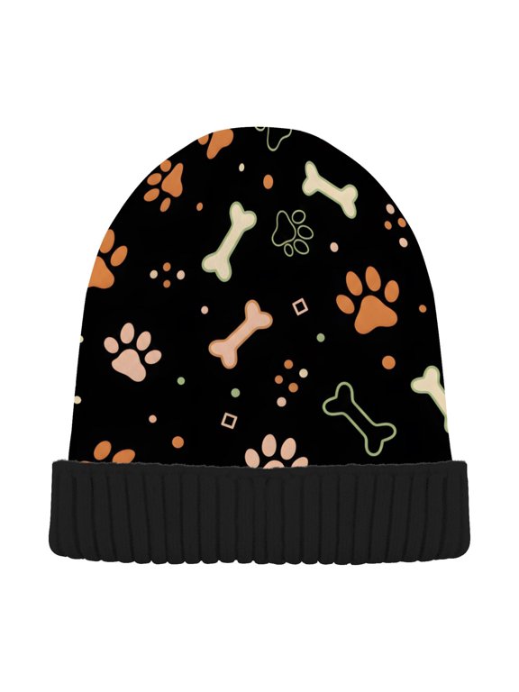 Dog Footprint Bone Print Knit Beanie Winter Hat Skull Cap for Women Men