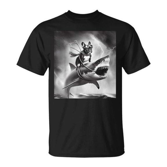 Dog French Bulldog Riding A Shark In Tornado Meme TShirt