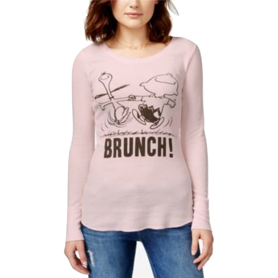 Dog Friends Women's Juniors Long Sleeve Thermal T-Shirt Waffle-Knit Graphic Top (Size XS, Pink Brunch)