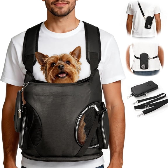 Dog Front Backpack Carrier 7-15 lbs, Soft Breathable Pet Front Facing Carrier with Adjustable Straps, Multi-Pocket Design, for Small Dogs & Cats (with Detachable Sling Pouch - Black)