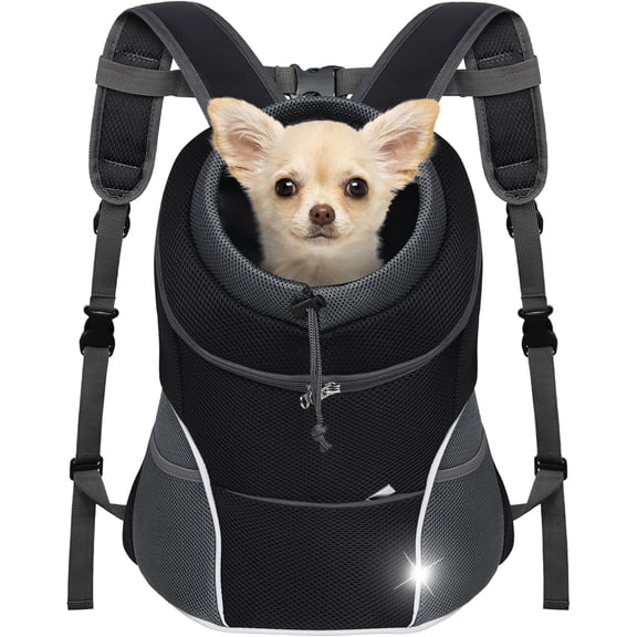 Dog Front Carrier Backpack, Adjustable Breathable Pet Carrier for Small Dogs Cats, Ventilated Puppy Back Pack with Safety Belt, Lightweight Doggy Backpack for Hiking Outdoor (Black, M)