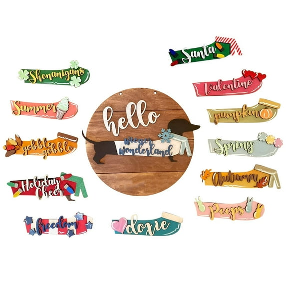 Dog Front Porch, Wooden Brown In Wreaths For Front Door, DIY Interchangeable Dog Clothes A Variety Of Festival Doorplates Are Hung With Signs Seasonal Pendants