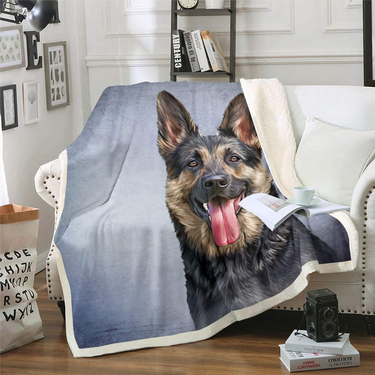 Dog Fuzzy Plush Blanket German Shepherd Fleece Throw Blanket for Kids 3D Dog Print Sherpa