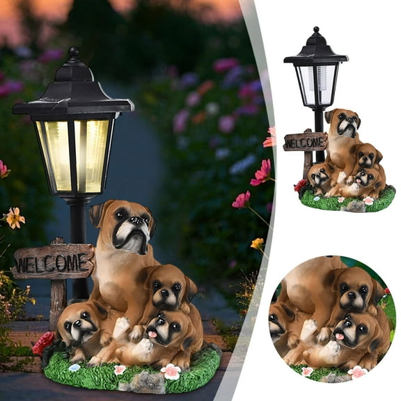 Dog Garden Statue with Solar Lantern, 11. Inch Cute Dog Figurine Light Decor with Welcome Sign for Outdoor Patio Balcony Yard Art, Unique Resin Statue House Warming Gift for Mom Grandma Women