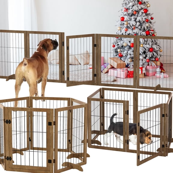 Dog Gate 144" Wide 32" Tall with Door Walk Through 6 Panels Reinforced Foldable Wood Pet Puppy Gate Door Safety Fence Barrier for House Doorway Stairs Dog Cage Playpen