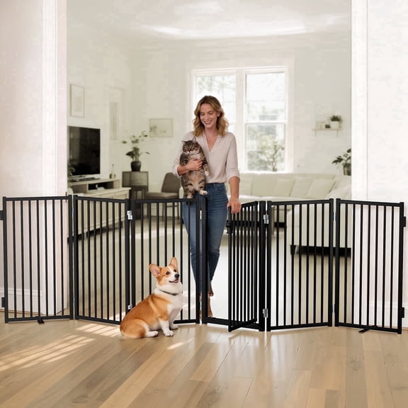 Dog Gate, Domipet 6 Panels Pet Gate Freestanding, 120''Extra Wide Dog Gate 32''Height Pet Playpen for Doorways, Black