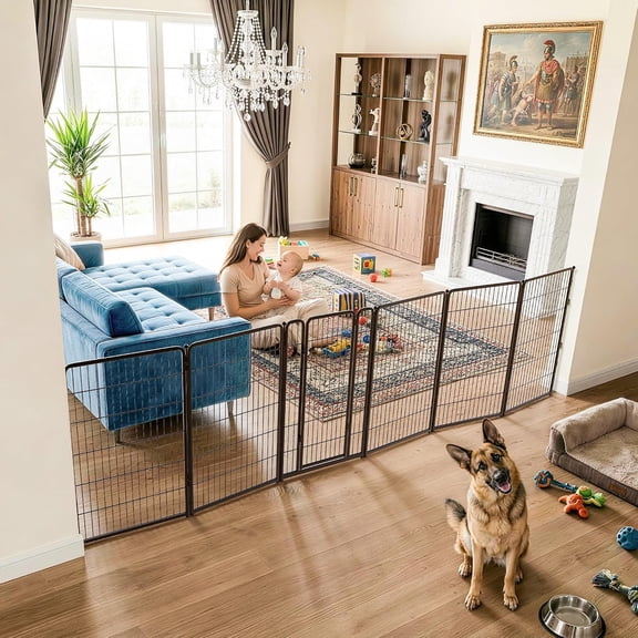Dog Gate, Extra Wide Adjustable for Openings Up to 165", 45" H | Flexible Space Control, Easy Walk-Through Access, 5 Panels + 1 Gate, For Large Dogs, Garage Use
