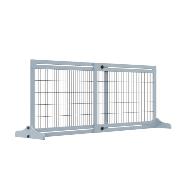 Dog Gate, Freestanding Pet Gate made of Pine Wood and Metal, Adjustable Width 41-71 Inches, Height 27 Inches, Gray and Black, for Hallways, Doors and Stairs, for Small to Medium Pets