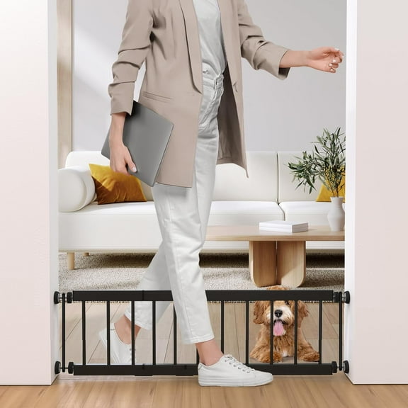 Dog Gate Indoor,18"-45" Adjustable Extra Wide Metal Short Dog Gate to Step Over, 10" Tall Small Pet Gate with 3 Extension Kits, Pressure Mounted for Doorways & Stairs Black