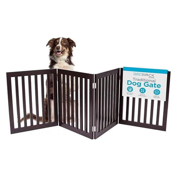 Dog Gate Indoor Freestanding 4 Panel, Wooden Pet Barrier for Doorway, Folding Puppy Fence, Extra Wide Espresso 24"