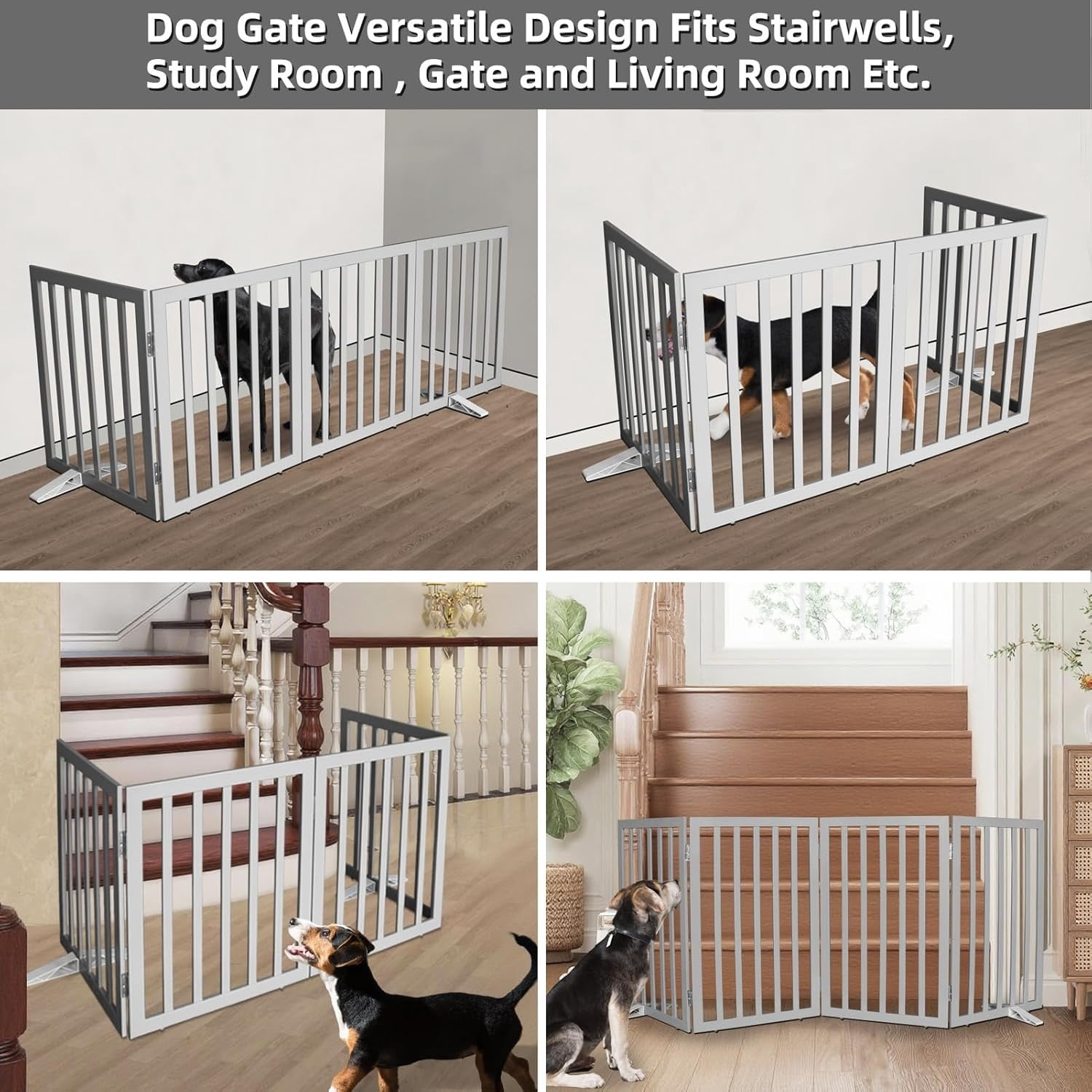 Dog Gate Indoor, Freestanding Dog Fence for The House, Doorways, Hallways,or Stairs,Pet Gate Foldable Wooden,Expandable 24" Height 3 Panels,Grey