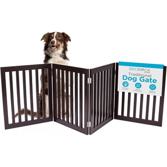 Dog Gate Indoor Freestanding Pet Barrier, Folding Wood Dog Fence, Extra Wide Doorway Puppy Gate, Indoor Animal Privacy Panel, Wooden Cat Fence - 4 Panel - 24", Espresso