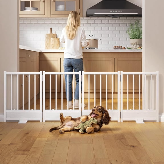 Dog Gate for Small Dogs, 48" No Drill Foldable Reinforced Base Pet Fence, Heavy Duty Step-Over Doorway Puppy Barrier, Anti-Tip Metal Frame, Supports 200+ lbs, Black