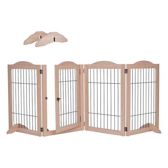 Dog Gate with Walk Through Door, 4 Panel 360 configurable Freestanding Wooden Wire Fence, 80" Wide, 31.5" Tall, Foldable, Support Feet Included, for The House - Indoor Use