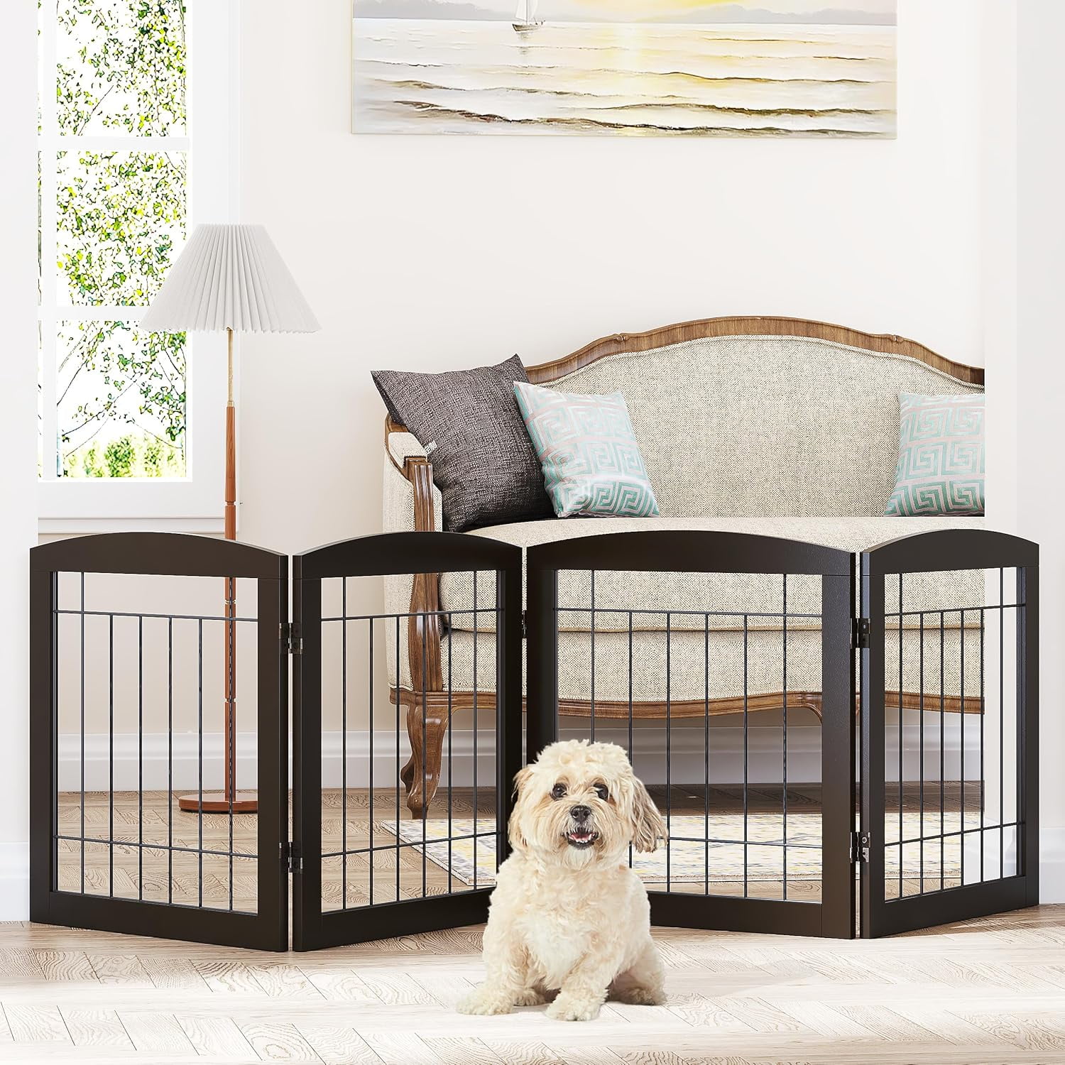 Free Standing Dog Gates for The House Stairs Doorways Indoor Foldable Wooden Small White Puppy Pet Gate Step Over Fence 60" W 24" H 3 Panels