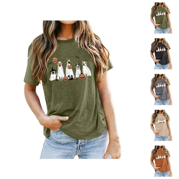 Dog Ghost Halloween Tshirts Women 2025 Short Sleeve Crewneck Funny Ghost Dog Graphic Halloween Shirts for Women