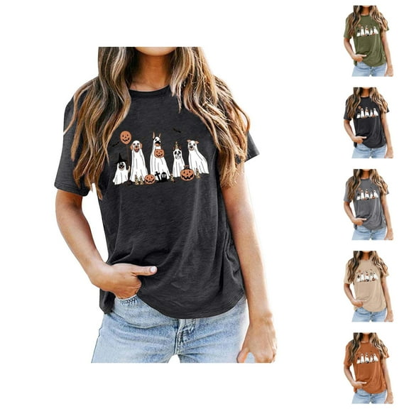 Dog Ghost Halloween Tshirts Women 2025 Short Sleeve Crewneck Funny Ghost Dog Graphic Halloween Shirts for Women