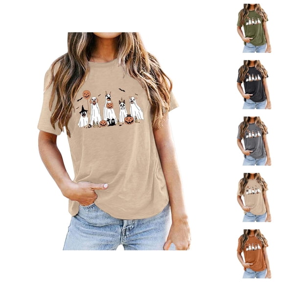 Dog Ghost Halloween Tshirts Women 2025 Short Sleeve Crewneck Funny Ghost Dog Graphic Halloween Shirts for Women