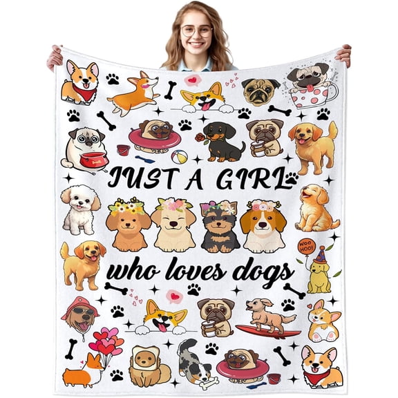 Dog Gifts for Women Girls Kids Dog Lovers, Just a Girl Who Loves Dogs Blanket Dogs Puppy Plush Throw Blanket for Birthday Christmas