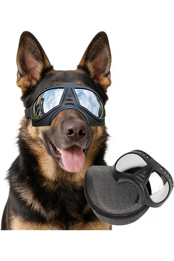 Dog Goggles for Large Dogs, Wide Snout Soft Frame Tactical Sunglasses for Medium to Large Breed, Anti-UV Windproof Dustproof Eye Protection, Adjustable Fit, Black