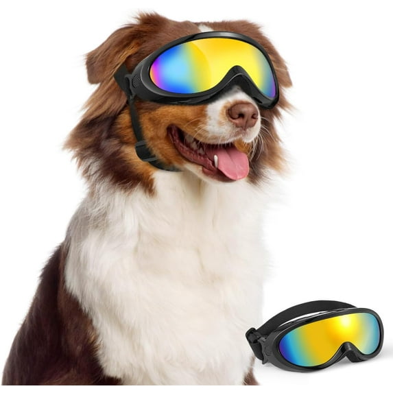 Lewondr Dog Sunglasses,Dog Goggles Medium Large Breed with Adjustable Straps and Soft Sponge Pad, UV/Wind/Dust/Fog/Snow Dog Eye Protection Sunglasses for Outdoor Driving Riding, Black