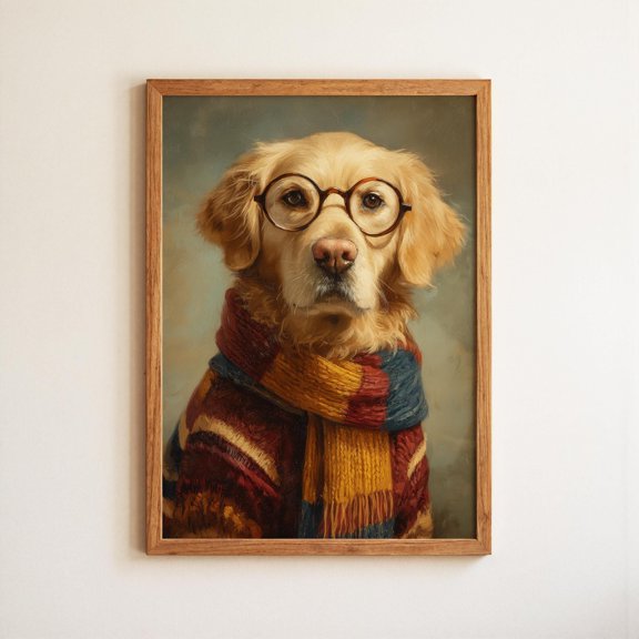 Dog Golden Retriever School Portrait Student With Glasses Sweater Whimsical Pet Art Poster , Poster Print Only