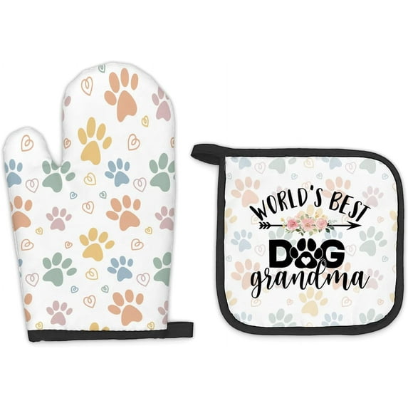 Dog Grandma Gifts Oven Mitts and Pot Holders Sets, Gifts for Dog Grandma, Dog Paw Kitchen Decor Accessories Sets, World’s Best Dog Grandma Heat Resistant Oven Glove Potholders for Kitchen