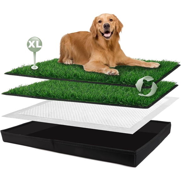 Dog Grass Pad with Foldable Dog Litter Box, Extra Large Liner Base (44”×34”) for Balcony, 2 Artficial Grass Pee Pads for Dogs, Pee Pad Holder, Potty Training