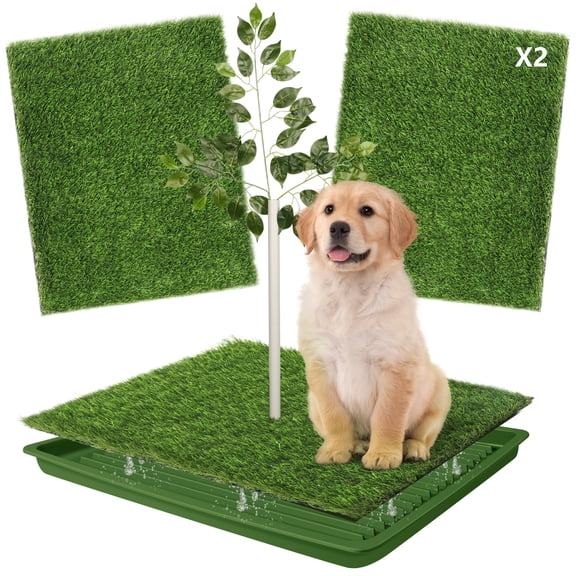 Dog Grass Pad with Tray – 2 Pack Replaceable Artificial Grass Puppy Training Pad, Quick Absorbent Indoor/Outdoor Portable Potty, Washable Pee Pad for Puppy - Ultimate Pet Training Solution Green