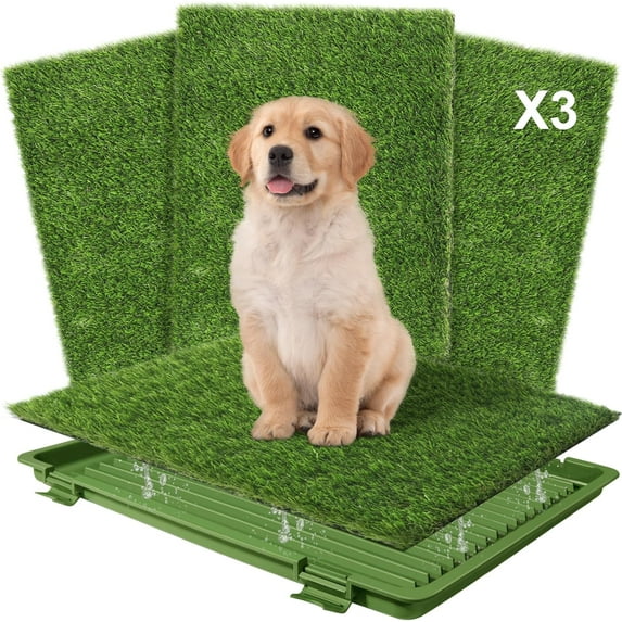 Dog Grass Pad with Tray, 3-Pack Replacement Artificial Grass Patch with Drainage Holes, Washable Puppy Turf Training Grass for Indoor/Outdoor Portable Potty Pet Loo, Green