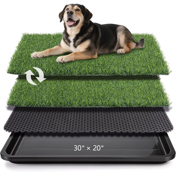 Dog Grass Pad with Tray, 30 x 20 in, 2 Replacement Pads Included | 3-layer leak-proof design, fast drainage, reusable fake grass, indoor potty training for apartments, patio, RV