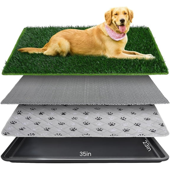 FURWAY  Grass Pad with Tray Artificial Grass Puppy Pee Pad for Dogs,  4-Layer  Potty Pad with Tray, Quick Absorbent Indoor & Outdoor Portable  Patio Potty ( 35.4"x23.6")