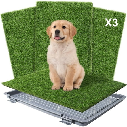 Dog Grass Pad with Tray,Dog Grass Potty Litter Box with Fake Grass Patch Washable Pee Pads, Artificial Dog Grass Bathroom Turf for Puppy Training (Gray Tray + 3 Grass Pads for Replacement) 21"x17"