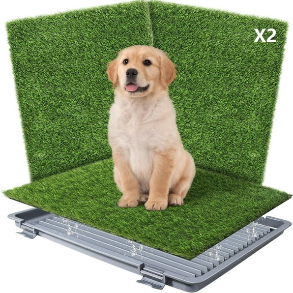 Dog Grass Pad with Tray,Reusable Training Pad with Replaceable Artificial Grass,Quick Absorbent Indoor Portable Dog Patio Potty,Washable Pee Pad For Puppy (Gray Tray + 2 Grass Pads for Replacement)