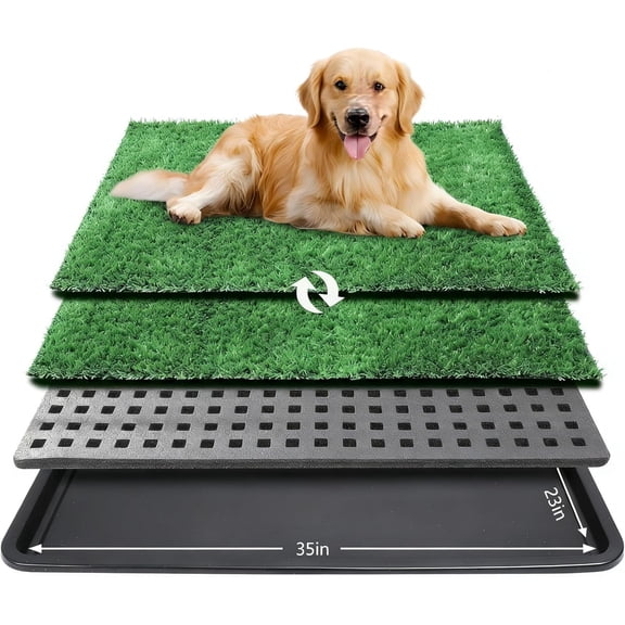 Dog Grass Pad with Tray, 35 x 23 in, 2 Replacement Turf Pads | 3-layer potty system, quick-drain turf, washable tray, indoor/outdoor puppy training
