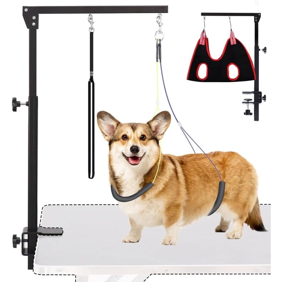 Dog Grooming Arm with Clamp, Heavy Duty Pet Grooming Table Arm with Grooming Hammock, Loop Noose & Two No-Sit Haunch Holder, 36" Height Adjustable for Medium & Small Pets, Black