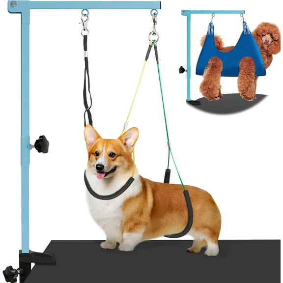 Dog Grooming Arm with Pet Grooming Hammock, 35" Pet Grooming Table Arm with Adjustable No Sit Haunch Holders, Dog Grooming Stand with Loop Noose for Small and Medium Pets, Blue
