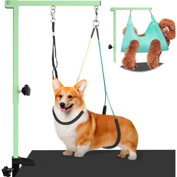 Dog Grooming Arm with Pet Grooming Hammock, 35" Pet Grooming Table Arm with Adjustable No Sit Haunch Holders, Dog Grooming Stand with Loop Noose for Small and Medium Pets, Green