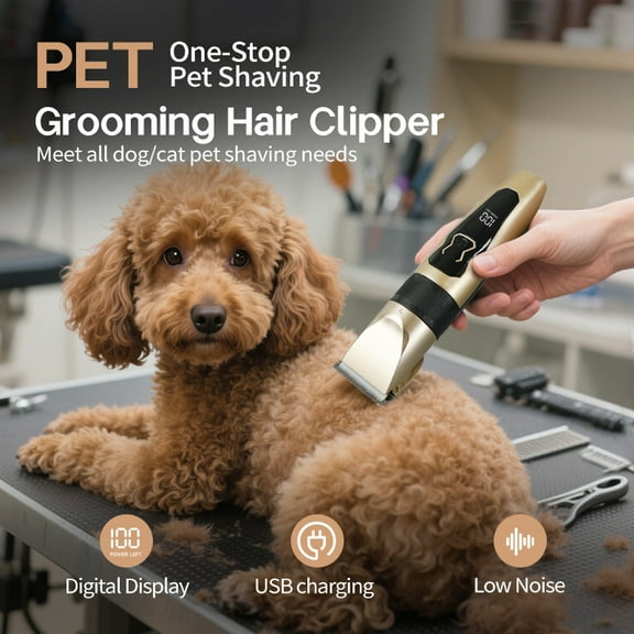 Dog Grooming Clippers, Dog Hair Clipper with 4 Guard Combs, Low Noise Rechargeable Electric Cat Shaver Shears Tools for All Pets, Dog Trimmer for Grooming, Dog Shaver, Gold