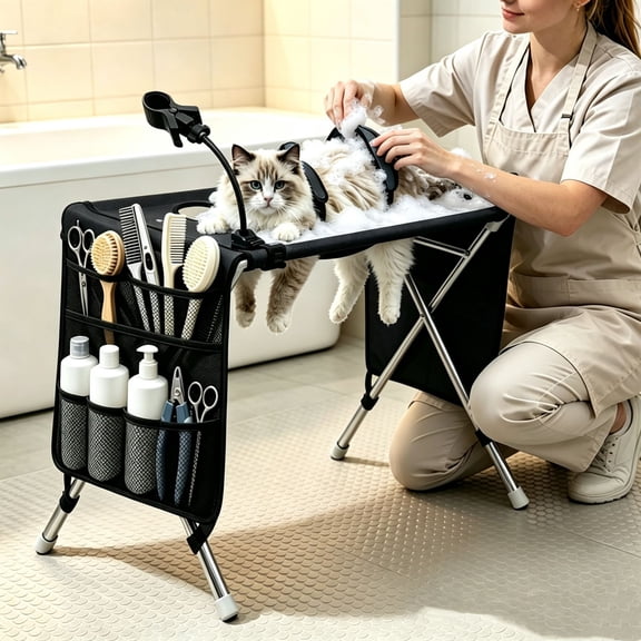 Dog Grooming Hammock,Foldable Pet Bathing Bed with Stand,Perfect for Dog Trim Hair & Nail Trimming,4-Hole Design for Dogs Bathing Restraint Rack
