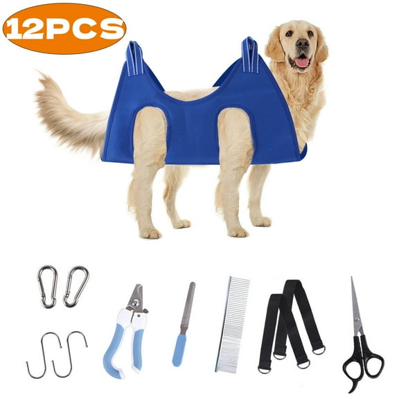 Dog Grooming Hammock, Pet Grooming Sling Helper for Large Dog Cat with Nail Clippers, Trimmers, and Grooming Scissors, 12pcs, Blue, L Size