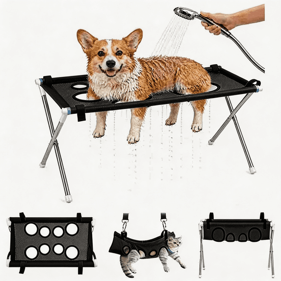 Dog Grooming Hammock Stand,Dog Bath Hanging Harness with Iron Tube Stand Breathable Mesh Grooming Sling with 8 Holes,for Small Pets Nail Clipping Ear Cleaning Washing,Home Use.