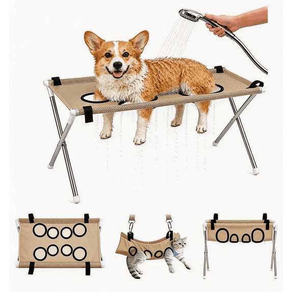Dog Grooming Hammock with Stand,Pet Bath Hanging Harness with Iron Tube Frame,Breathable Mesh Grooming Sling with 8 Holes for Small Dogs & Cats,Nail Clipping Ear Cleaning Washing Support.