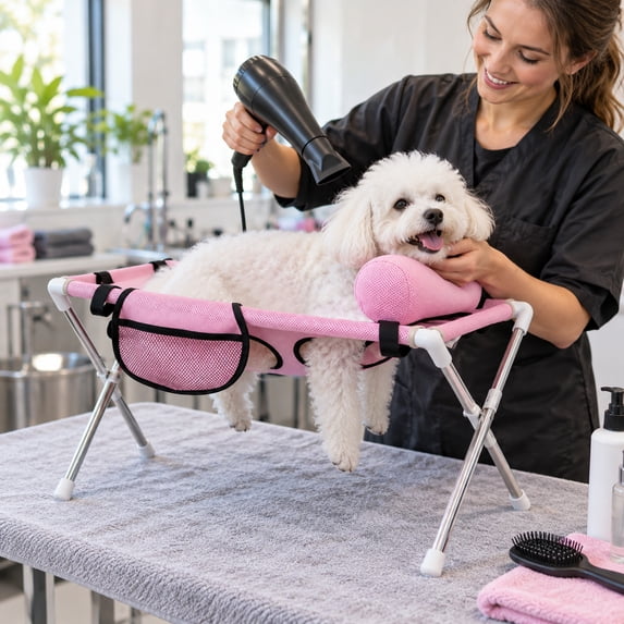 Dog Grooming Hammock with Foldable Stand & Pillow, Pet Grooming Table for Dogs & Cats, Grooming Support for Nail Trimming, Bathing & Drying