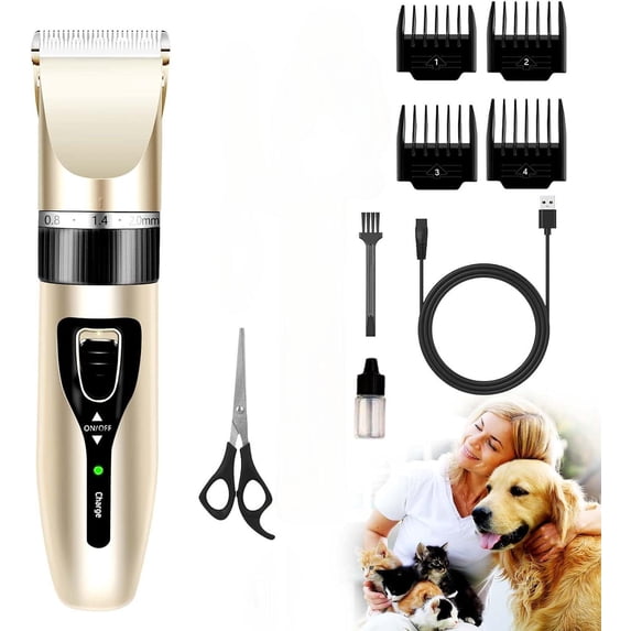 Dog Grooming Kit Clippers, Low Noise, Electric Quiet, Rechargeable, Cordless, Pet Hair Thick Coats Clippers Trimmers Set, Suitable for Dogs, Cats, and Other Pets (Gold)